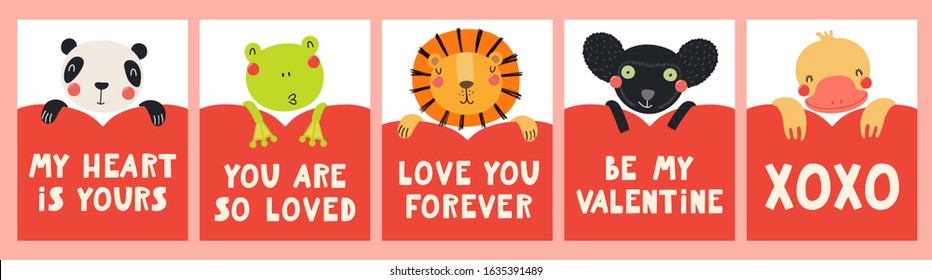 Collection of Valentines day cards with cute funny animals, hearts, quotes. Hand drawn vector illustration. Scandinavian style flat design. Concept for children holiday print, invite, gift tag, banner