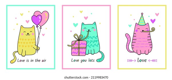 Collection of Valentine`s Day Cards with Cute Cats. Funny pets with hearts, gifts, balloons, quotes. Celebration February 14. Hand drawn vector illustration in cartoon style. Isolated on white.