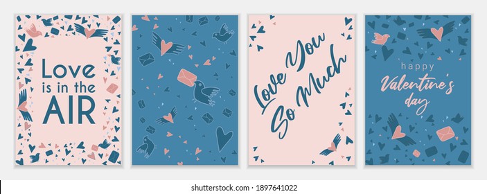 Colección de tarjetas de San Valentín y otras plantillas de volante en paleta rosa pálido y azul. Póster de tipografía, tarjeta, etiqueta, conjunto de diseños de pancartas. Ilustración del vector EPS10