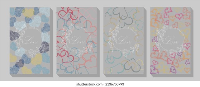 Collection of Valentine's day cards and other flyer templates in pale pink and blue palette. Typography poster, card, label, banner design set.