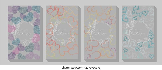 Collection of Valentine's day cards and other flyer templates in pale pink and blue palette. Abstract shapes for wallpaper and back.Low contrast