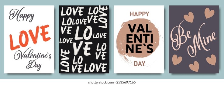  Collection of Valentine's Day cards with various love messages and designs. Festive design with hearts, line arts and modern typography. Template for ads, branding, banner, cover, label, poster print