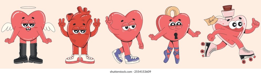 Collection of Valentine's day cartoon characters. Romantic groovy stickers in 60s, 70s retro style. Heart, love potion, heart lock. Love concept. 