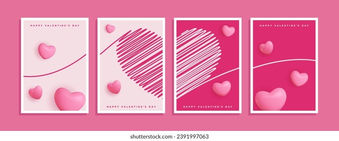 Collection of Valentine's Day concept posters. Vector illustration. Pink hearts with frames on flat geometric background. Romantic discount banner or love greeting card.