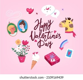 Colección de elementos decorativos del Día de San Valentín regala flores comida lindo animal bebé y pareja romántica. Imágenes vectoriales aisladas
