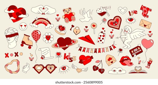 Collection of Valentine's Day design elements, set of cute groovie bauhaus illustration, heart shape, cupid, baloon. Unique love stickers, modern banner, background template. For card, invitation etc.