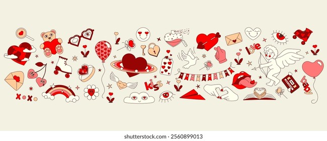 Collection of Valentine's Day design elements, set of cute groovie bauhaus illustration, heart shape, cupid, baloon. Unique love stickers, modern banner, background template. For card, invitation etc.