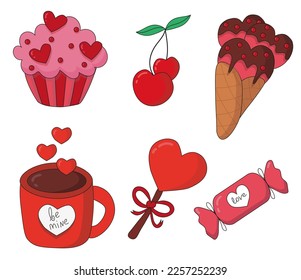 Collection Valentine's Day desserts. Pink cupcake with hearts, cherry in form of heart. Ice cream in cone with chocolate and sprinkles. Red mug with the words be mine. Lollipop with ribbon and candy