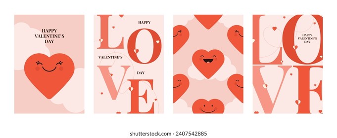 Colección de volantes del Día de San Valentín. Ilustración vectorial con corazones sonrientes y diseño tipográfico. Volantes contemporáneos para banner de decoración, afiche, celebración, anuncio, marca, portada, ventas.