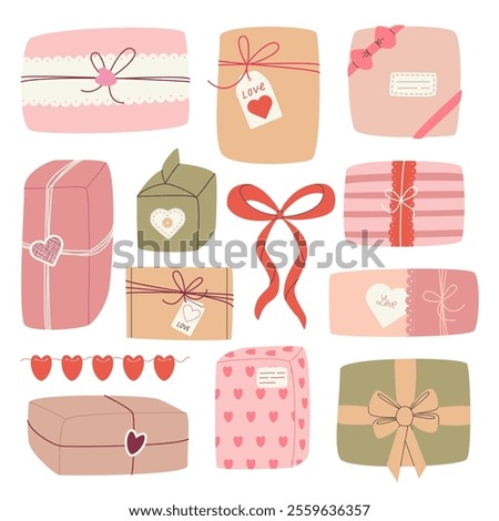 Collection of valentine's day gifts boxes. Hand drawn valentines day present set. Gift wrapping in trendy flat style on white background. Perfect for birthday, mother's day, wedding, valentines