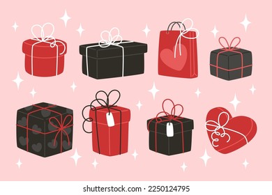 Colección de regalos de San Valentín en estilo plano, conjunto de diferentes cajas