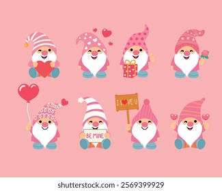 collection of Valentine's Day with gnome, Pink gnome character holding heart, pink gift, I love sign, flower illustration