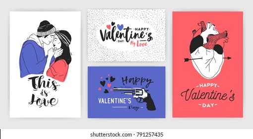 Collection of Valentine's day greeting card, party invitation or flyer templates with hand drawn kissing young couple, anatomical heart and inscriptions. Colorful trendy festive vector illustration.