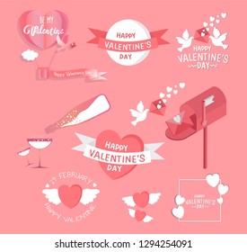 Collection of Valentine's day greeting cards with hand written love words and phrases with many hand drawn elements.Typography poster,card,label,banner design set with background.Vector illustration.