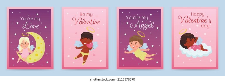 Collection of valentine's day greeting cards with children angels. Relationship, love, Valentine's day, romantic concept. Vector illustration for banner, poster, postcard, postcard.