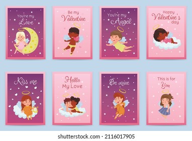 Collection of valentine's day greeting cards with children angels. Relationship, love, Valentine's day, romantic concept. Vector illustration for banner, poster, postcard, postcard.