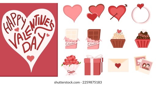 Collection of Valentine's Day icon, vector, cartoon illustration: heart, two hearts, fall in love, a ring, chocolate bars, cupcakes, a bouquet, a gift, an envelope, photos. Special day set. 