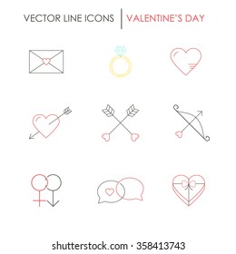 Collection of Valentines day icons. Made in vector line style. Perfect for greeting cards, infographic.