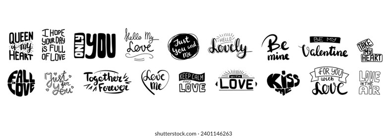 Collection of Valentine's Day inscription. Handwriting short phrases for Valentine's Day. Hand drawn vector art.