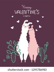 Collection of Valentine's day and llama in love with cactus and heart and many details.Typography poster,card,label,banner design set with background.Vector illustration.