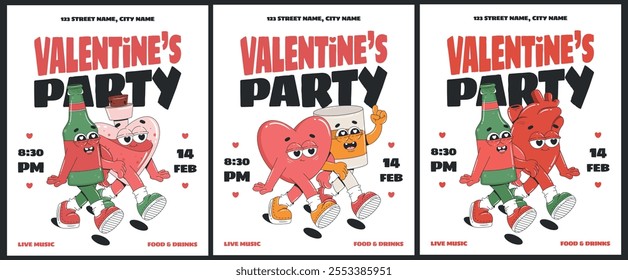 Collection of Valentines day party flyer template. Invitations with cartoon characters. Heart, love potion, beer bottle, whiskey. Love concept. 