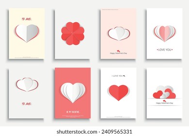 Collection of Valentines Day posters, brochures, invitations, banners, covers, flyers with origami hearts. 14th February romantic cute paper cards