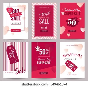Collection of  Valentine's Day sale flyer templates with lettering and holiday symbols.  Poster, card, label, banner design set. Vector illustration