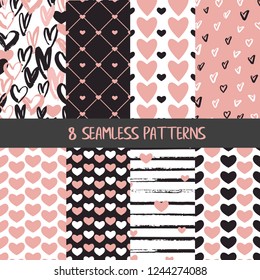 Collection of Valentine's day seamless patterns with hearts with white, black and pink colours and hand drawn details and textures