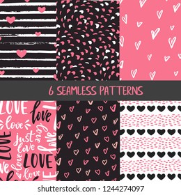 Collection of Valentine's day seamless patterns with hearts with white, black and pink colours and hand drawn details and textures