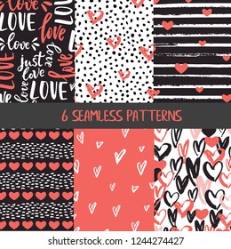 Collection of Valentine's day seamless patterns with hearts with white, black and red colours and hand drawn details and textures