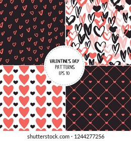 Collection of Valentine's day seamless patterns with hearts with white, black and red colours and hand drawn details and textures