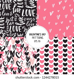 Collection of Valentine's day seamless patterns with hearts with white, black and pink colours and hand drawn details and textures