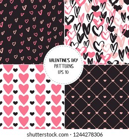Collection of Valentine's day seamless patterns with hearts with white, black and pink colours and hand drawn details and textures