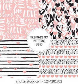 Collection of Valentine's day seamless patterns with hearts with white, black and pink colours and hand drawn details and textures