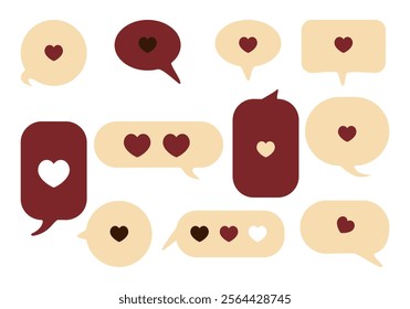 Collection of Valentine's Day speech box vector illustration sets. Happy Valentine's Day, heart shape, geometric, note sign, hand drawn doodle speech bubble with love, element, sticker set for poster

