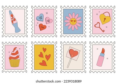 Collection of valentines day stamps in retro groovy style