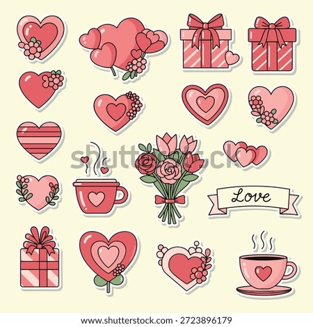 A collection of Valentine's Day stickers featuring hearts, gifts, flowers, a love banner, and a cup of coffee, perfect for adding a touch of romance to any project.