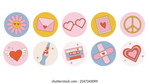 Collection of valentines day stickers in retro groovy style