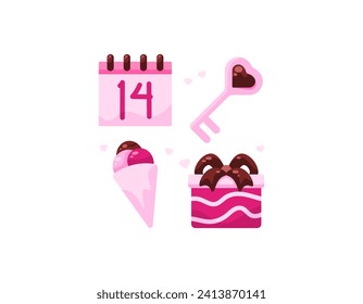 Collection of Valentine's Day theme sticker or clip art designs. illustration of february 14 calendar, heart key, ice cream and gift. symbol or icon. flat illustration set design. graphic elements