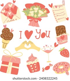 A collection of Valentine's Day themed icons with red nuances full of affection. suitable for all your design or promotional media needs