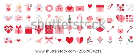 A collection of Valentine's Day themed icons, including hearts, roses, and teddy bears. The icons are arranged in a grid, with some overlapping each other. Scene is one of love and romance