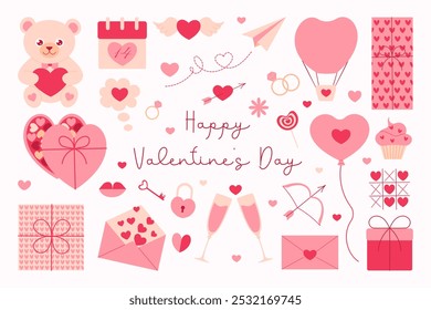 A collection of Valentine's Day themed images including hearts, balloons, and a teddy bear. The image is pink and features a happy Valentine's Day message