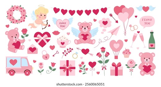 A collection of Valentine's Day themed images including a teddy bear, a cupcake, a car, a rose, a heart, and a balloon