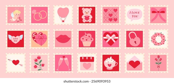 A collection of Valentine's Day themed postcards featuring hearts, cupcakes, and other symbols of love