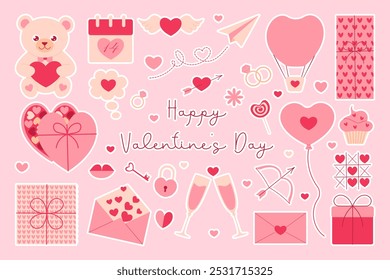 A collection of Valentine's Day themed stickers and images. The stickers include hearts, balloons, and a teddy bear. Scene is cheerful and romantic, as it is meant to be used for Valentine's Day