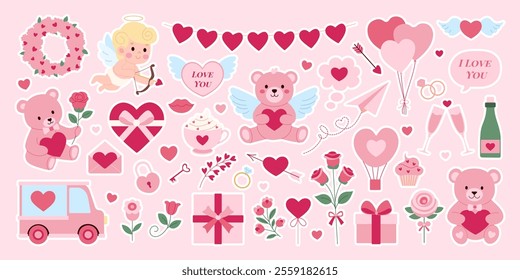 A collection of Valentine's Day themed stickers and images. There are many hearts, a teddy bear, a truck, a cupcake, and a balloon