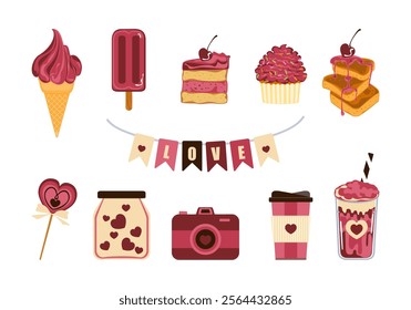 Collection of Valentine's Day vector illustration sets. happy valentine's day heart shaped cute dessert dinner hand drawn doodle speech bubble with love element sticker set for poster design.

