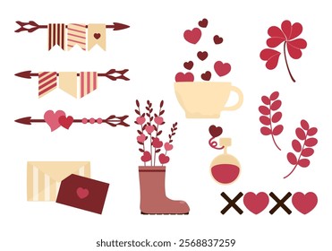 Collection of Valentine's Day vector illustration sets. happy valentine's day heart shaped cute dessert dinner hand drawn doodle speech bubble with love element sticker set for poster design.