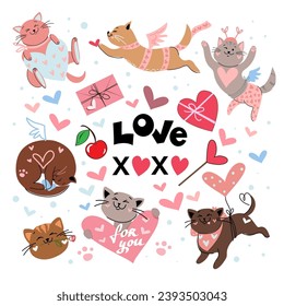 Collection with valentines funny cats and hearts. Valentine's Day set. Vector illustration