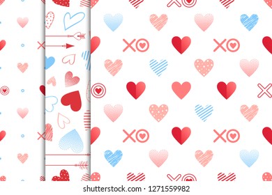 Collection of Valentines patterns with hearts and arrows.Romantic illustratiosn perfect for greeting cards,prints,flyers,holiday invitations and more.Vector Valentines Day seamless patterns.